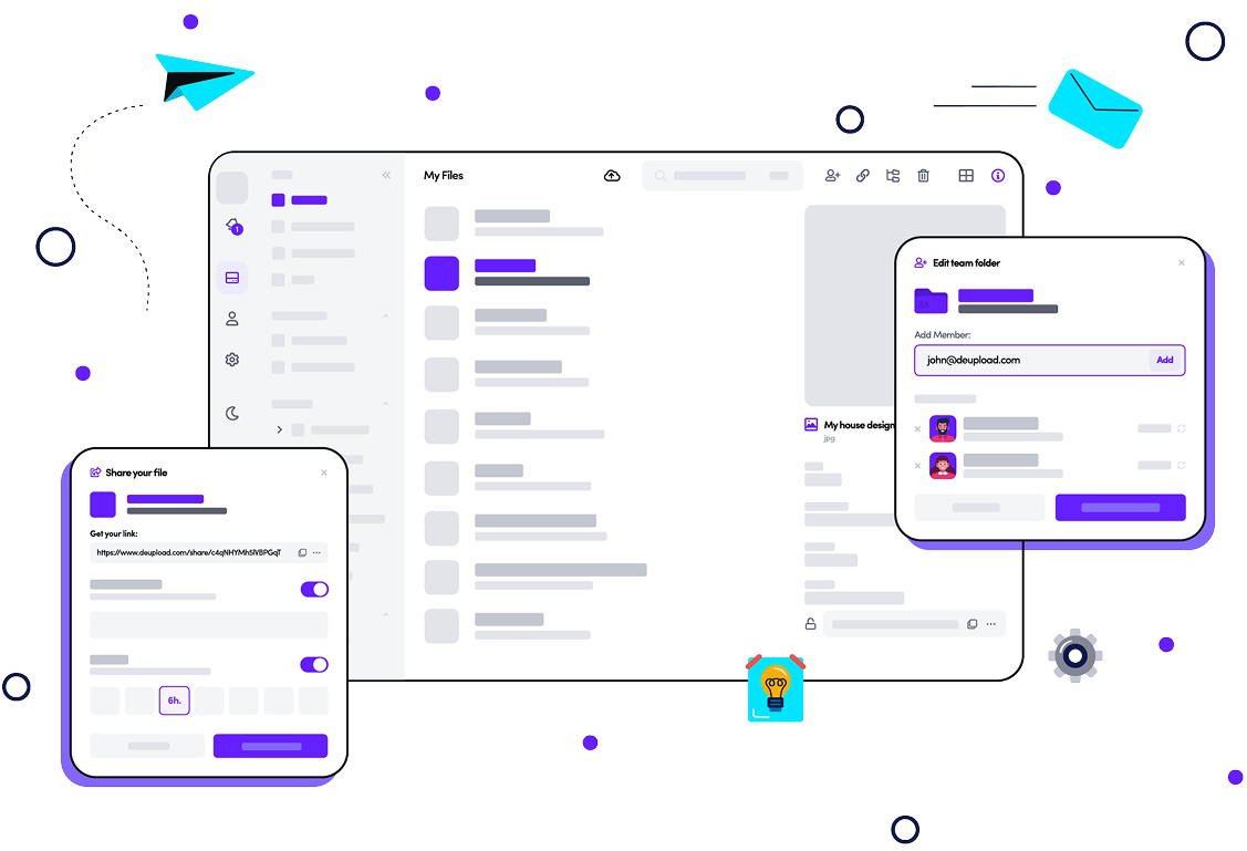 Uploom file manager, share modal, and team folder previews